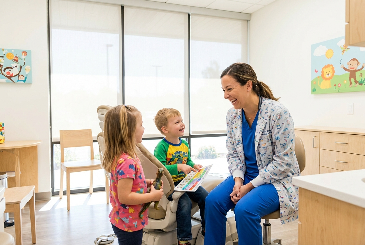 A pediatric dental professional talking with two children in a bright clinic